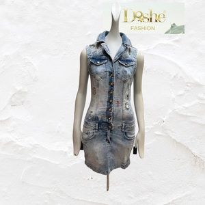 Dishe jeans light dress with crystals and cut letters is a unique